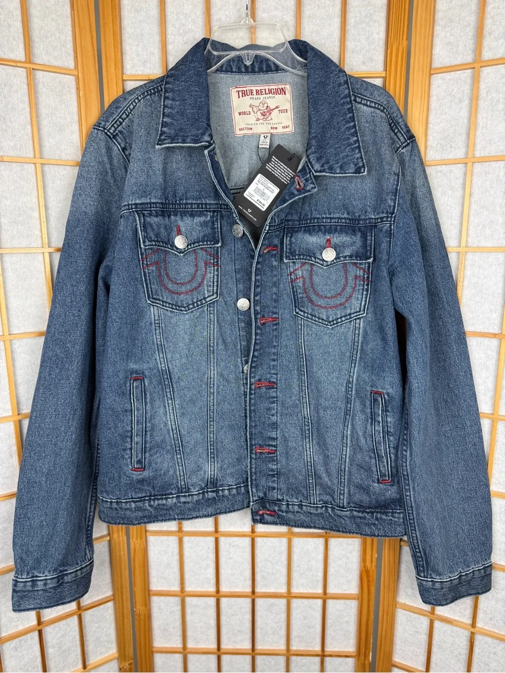 NWT True Religion Men's Denim Jacket Jim Trucker Red Stitching Back Graphic L